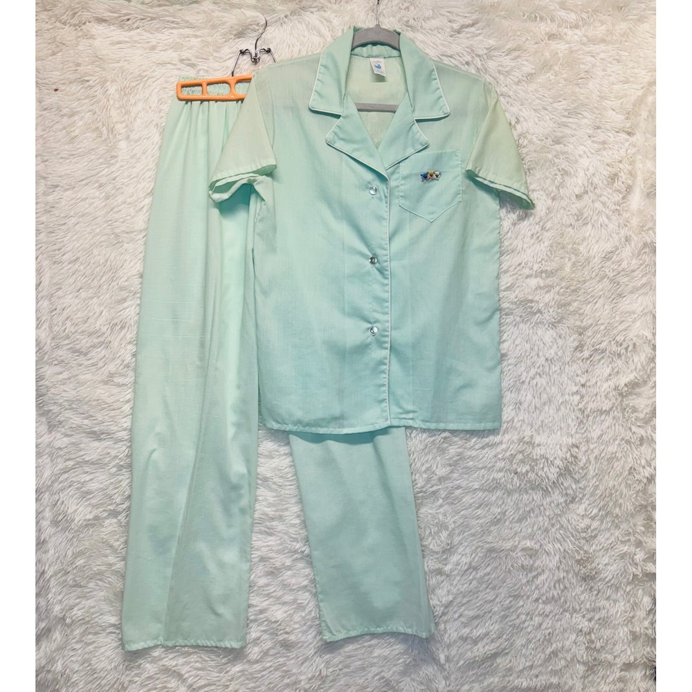 Vintage Katz Mint Green Pajama Set Short Sleeve Pants Embroidered Kittens Small